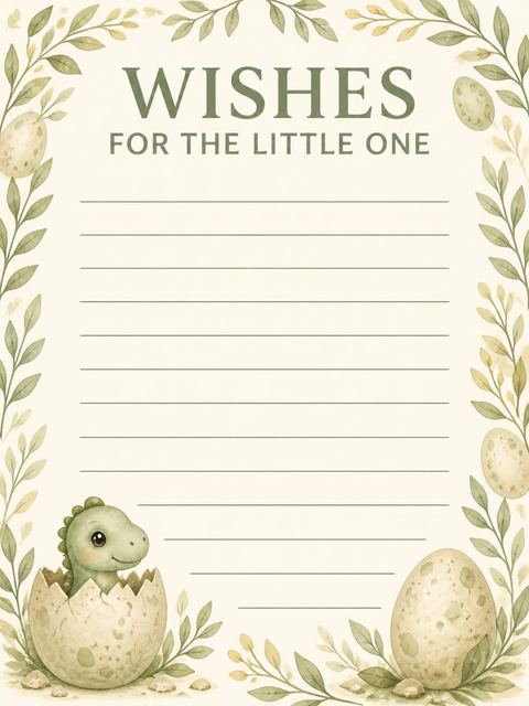 Wishes page in the Watercolor Dino Hatching 1st Birthday design