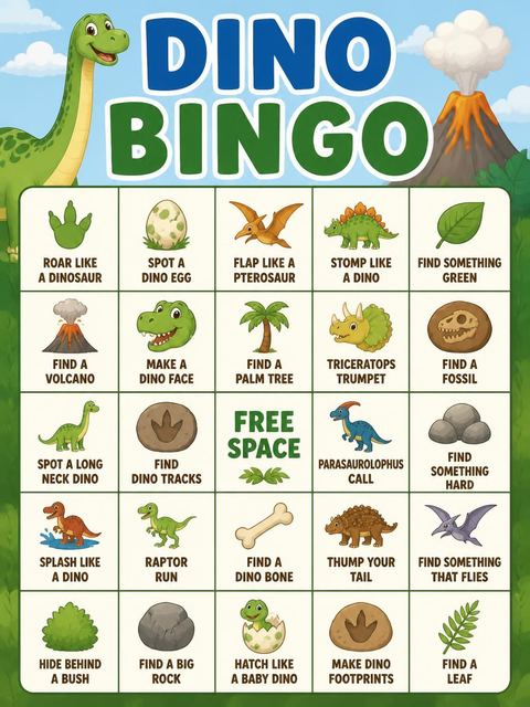 Bingo grid in the Bright Green Dinosaur 5th Birthday design