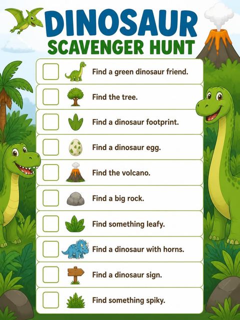 Scavenger hunt in the Bright Green Dinosaur 5th Birthday design