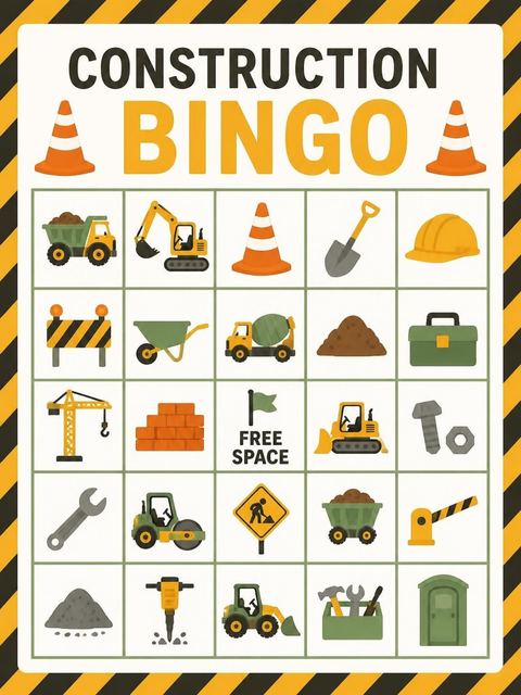 Bingo grid in the Yellow Construction Heavy Machinery 2nd Birthday design