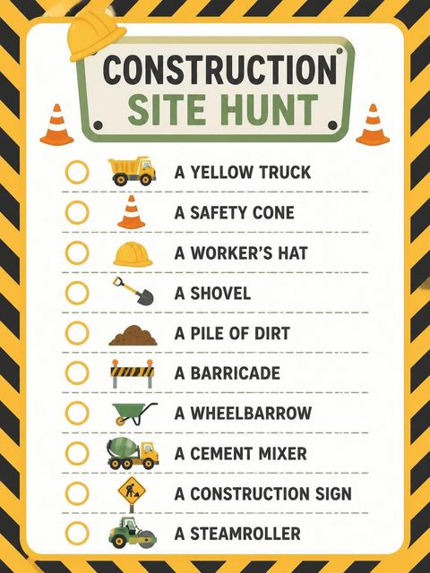 Scavenger hunt in the Yellow Construction Heavy Machinery 2nd Birthday design