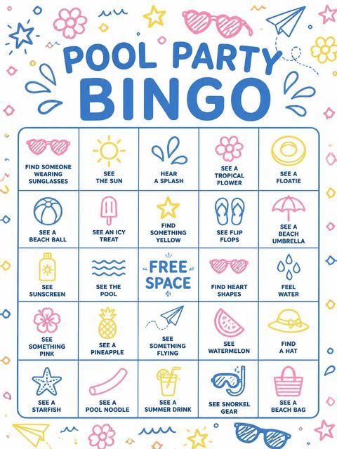 Bingo grid in the Blue Yellow Pink Doodle Pool Birthday design