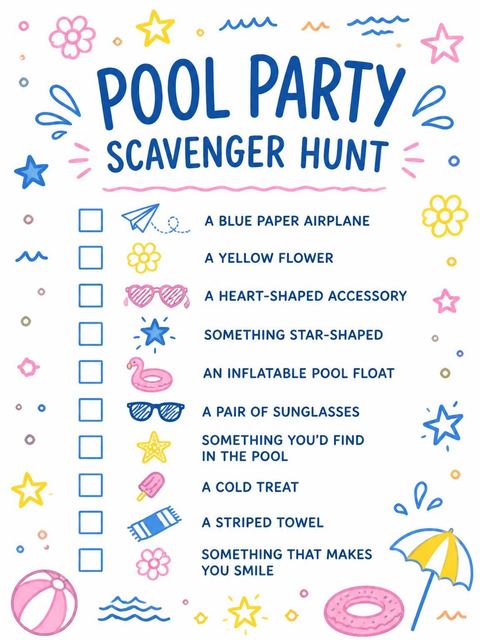 Scavenger hunt in the Blue Yellow Pink Doodle Pool Birthday design