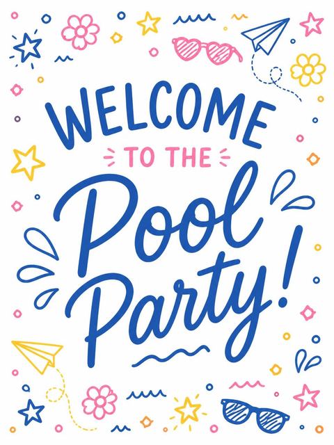 Welcome sign in the Blue Yellow Pink Doodle Pool Birthday design