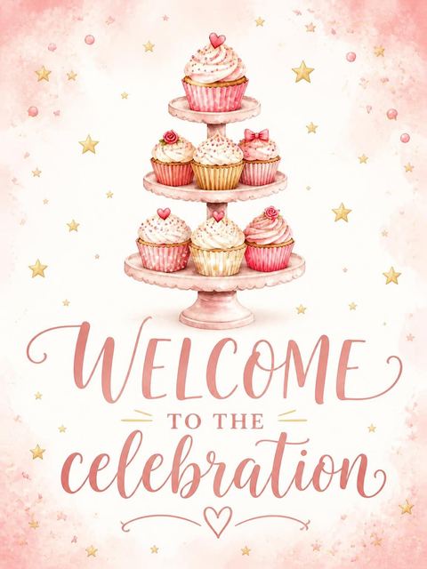 Welcome sign in the Watercolor Cupcake Gold Number 1st Birthday design