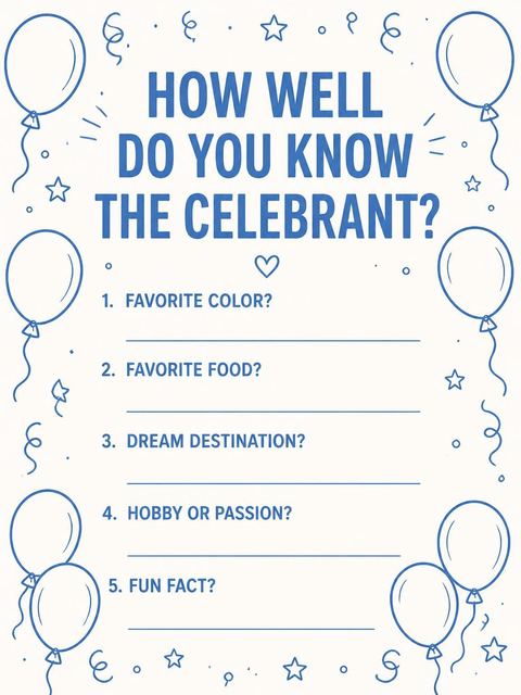 Couples trivia card in the Blue Balloon Star 18th Birthday design
