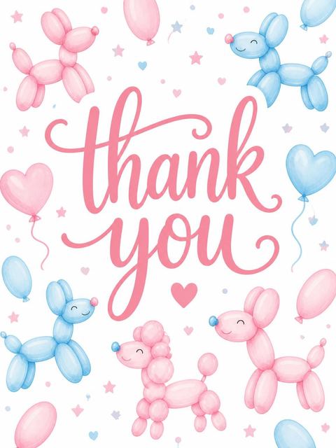 Thank-you flat in the Pink and Blue Balloon Dog 3rd Birthday design