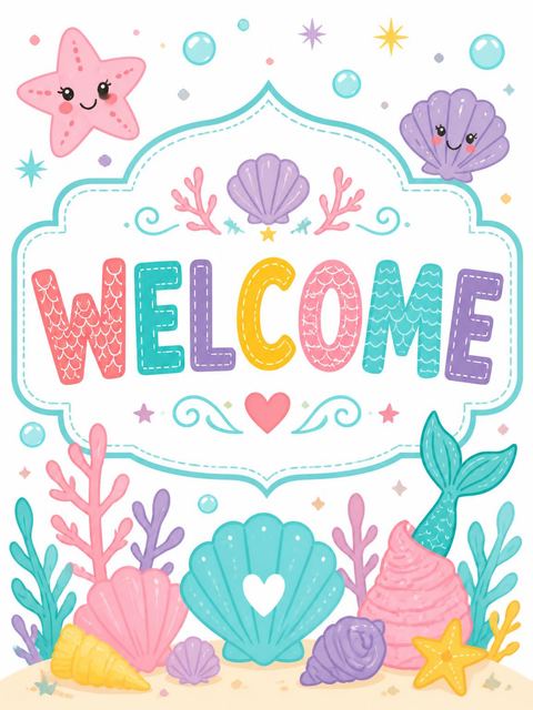 Welcome sign in the Magical Mermaid Cove 7th Birthday Party design