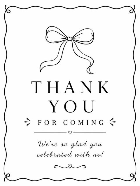 Thank-you flat in the Minimalist Black and White Bow Bridal Shower design
