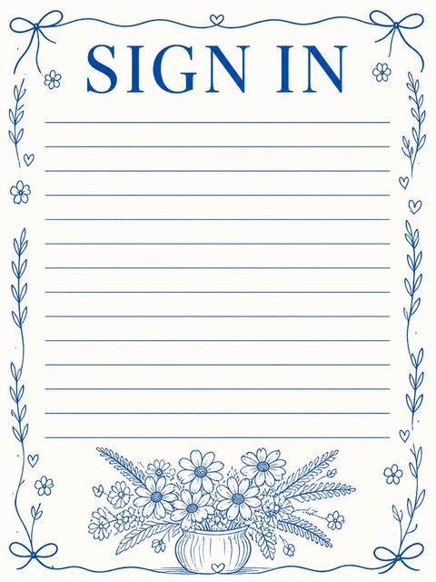 Guest sign-in sheet in the Blue Ink Daisy Birthday Invitation design