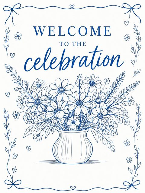 Welcome sign in the Blue Ink Daisy Birthday Invitation design