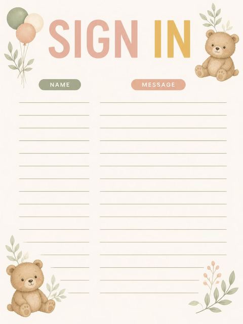 Guest sign-in sheet in the Muted Pastel Teddy Bear 1st Birthday design
