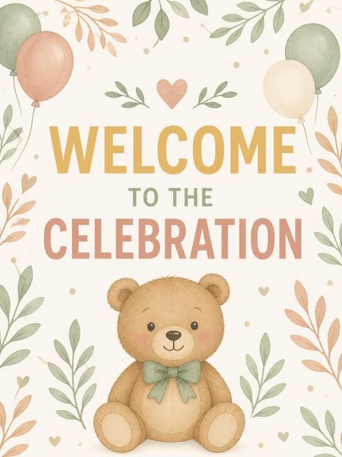 Welcome sign in the Muted Pastel Teddy Bear 1st Birthday design