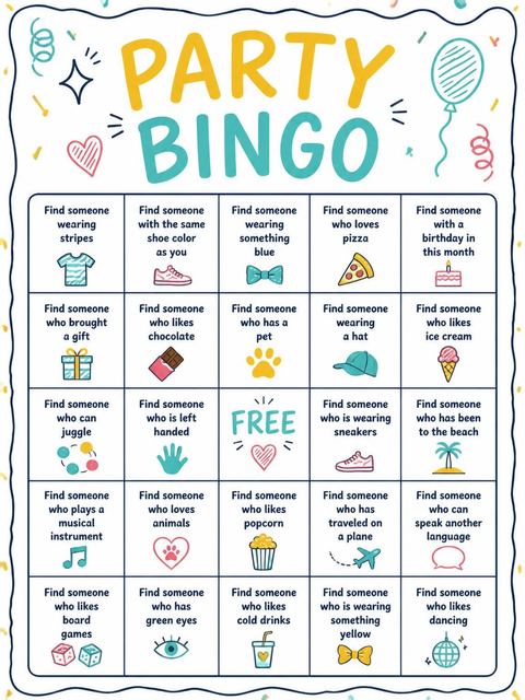 Bingo grid in the Doodle Motif Multicolor 4th Birthday Invitation design