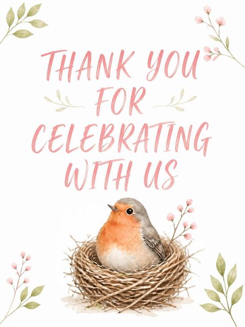 Thank-you flat in the Watercolor Robin Nest First Birthday design