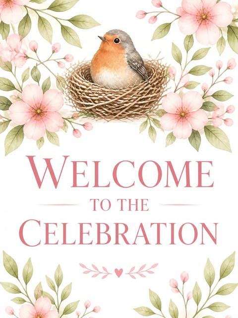 Welcome sign in the Watercolor Robin Nest First Birthday design