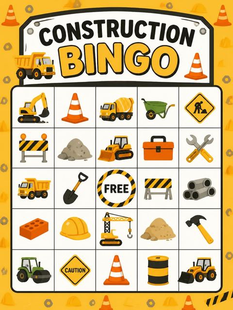 Bingo grid in the Cartoon Construction Truck 2nd Birthday design