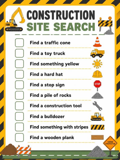 Scavenger hunt in the Cartoon Construction Truck 2nd Birthday design