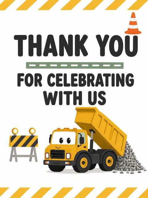 Thank-you flat in the Cartoon Construction Truck 2nd Birthday design