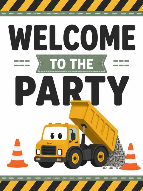 Welcome sign in the Cartoon Construction Truck 2nd Birthday design