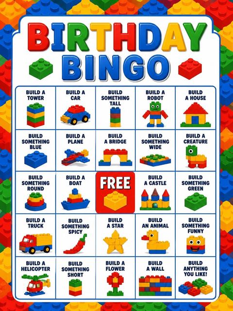 Bingo grid in the Primary Color Building Block 6th Birthday design