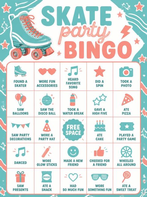 Bingo grid in the Teal and Coral Roller Skate 8th Birthday design