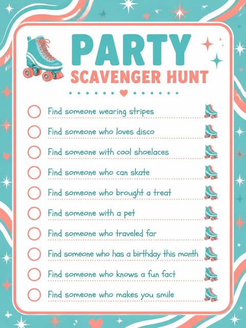 Scavenger hunt in the Teal and Coral Roller Skate 8th Birthday design