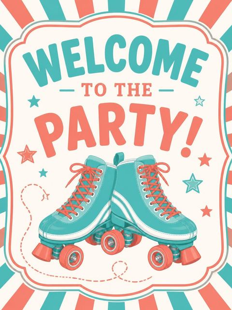 Welcome sign in the Teal and Coral Roller Skate 8th Birthday design