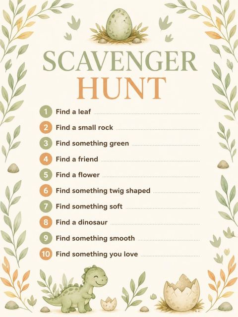 Scavenger hunt in the Watercolor Baby Dinosaur 1st Birthday design