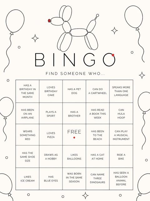 Bingo grid in the Minimalist Line Art Balloon Dog Birthday design