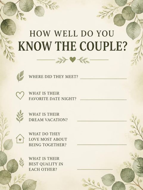 Couples trivia card in the Watercolor Eucalyptus Bridal Shower Invitation design