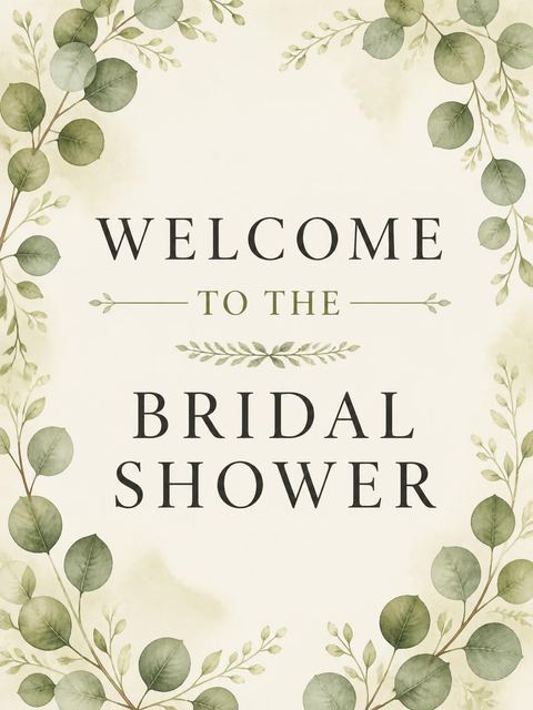 Welcome sign in the Watercolor Eucalyptus Bridal Shower Invitation design
