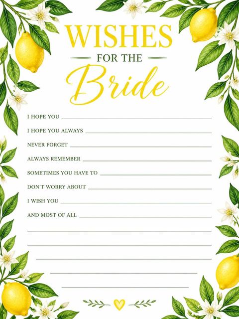 Wishes page in the Watercolor Lemon Branch Bridal Shower design
