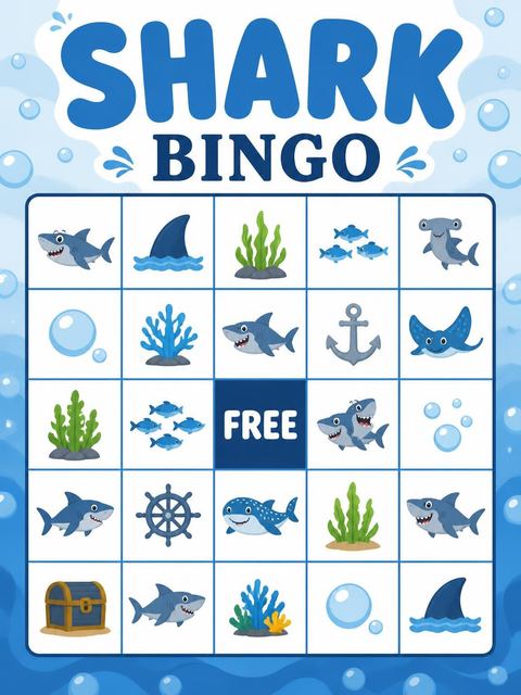 Bingo grid in the Blue Shark Cartoon 3rd Birthday design