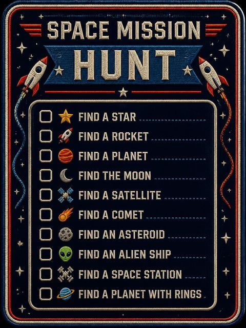 Scavenger hunt in the Navy Embroidered Space Patch 10th Birthday design