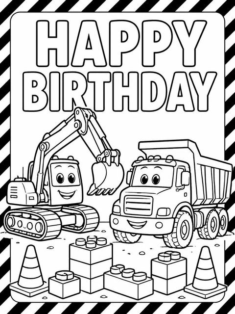 Coloring sheet in the 3D Excavator and Dump Truck 3rd Birthday design