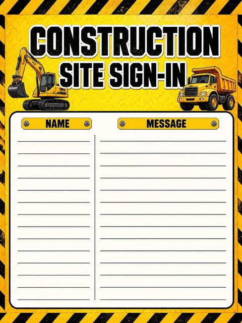 Guest sign-in sheet in the 3D Excavator and Dump Truck 3rd Birthday design