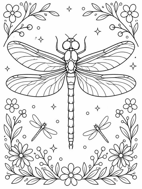Coloring sheet in the Watercolor Blue Dragonfly 4th Birthday Invitation design