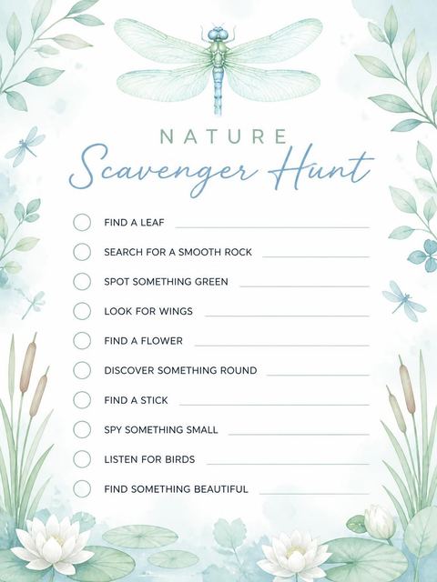 Scavenger hunt in the Watercolor Blue Dragonfly 4th Birthday Invitation design