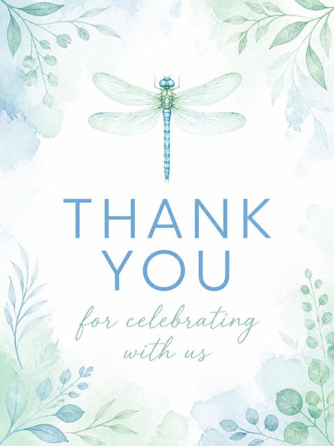 Thank-you flat in the Watercolor Blue Dragonfly 4th Birthday Invitation design
