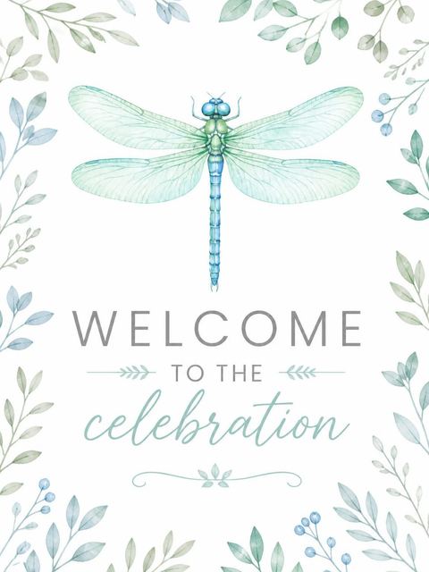 Welcome sign in the Watercolor Blue Dragonfly 4th Birthday Invitation design
