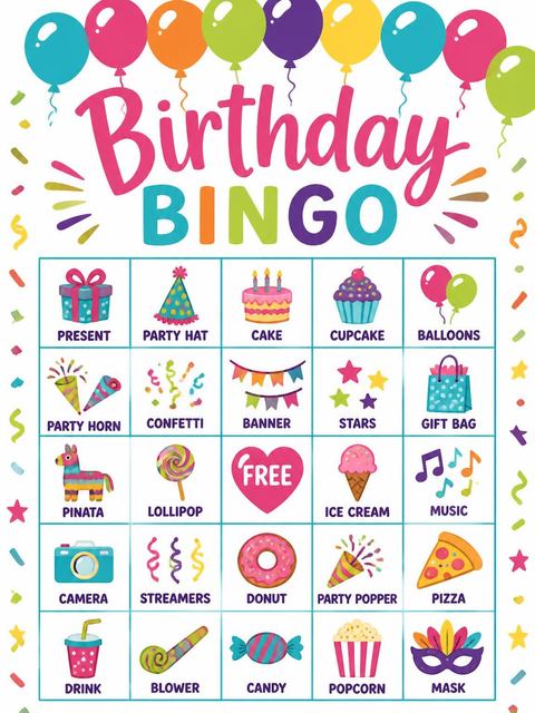 Bingo grid in the Primary Color Balloon 4th Birthday Invitation design