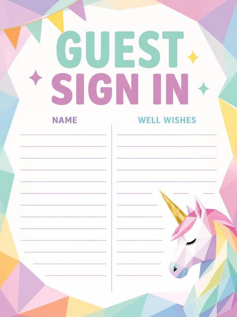 Guest sign-in sheet in the Pastel Geometric Unicorn 5th Birthday Invitation design