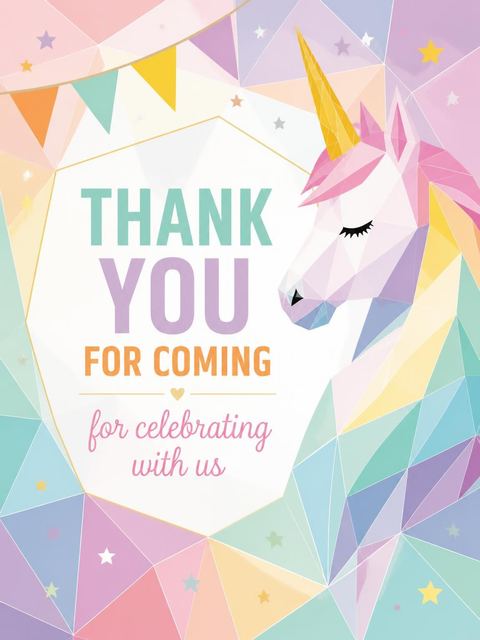 Thank-you flat in the Pastel Geometric Unicorn 5th Birthday Invitation design