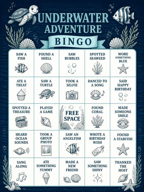 Bingo grid in the Brass Porthole Sea Life 4th Birthday design