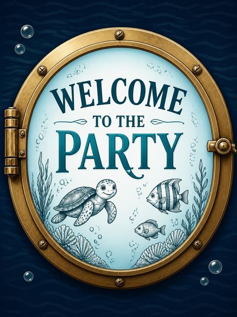 Welcome sign in the Brass Porthole Sea Life 4th Birthday design
