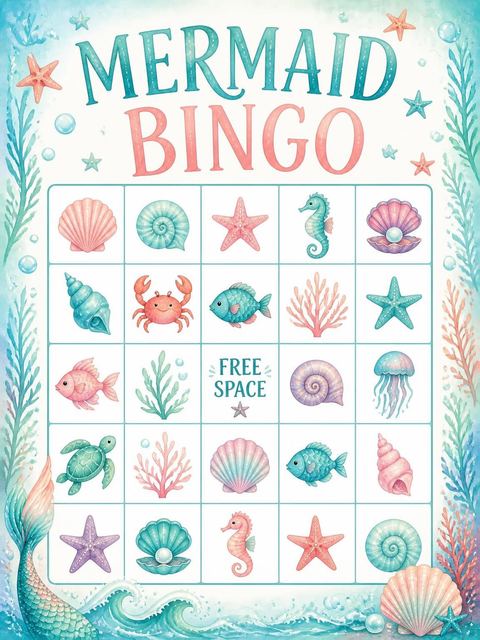 Bingo grid in the Teal and Coral Mermaid 7th Birthday design