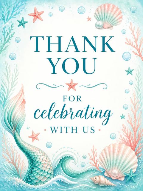 Thank-you flat in the Teal and Coral Mermaid 7th Birthday design