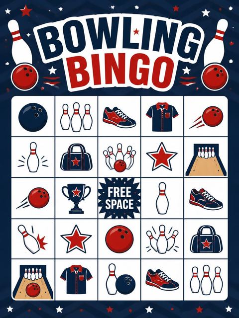Bingo grid in the Red and Navy Bowling 7th Birthday design