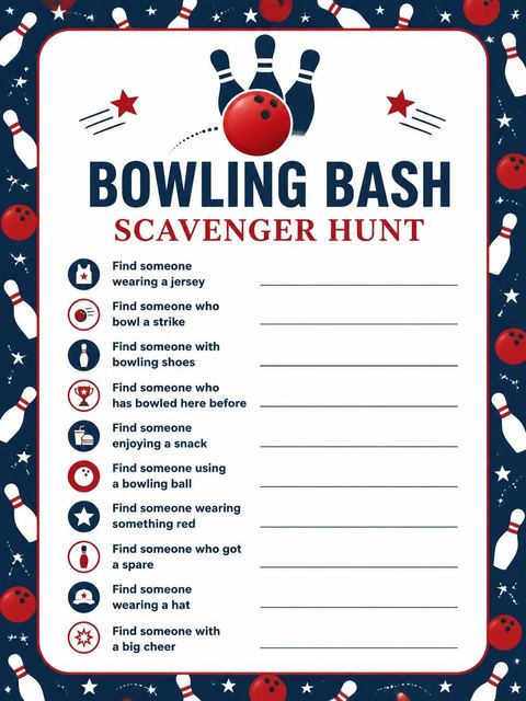 Scavenger hunt in the Red and Navy Bowling 7th Birthday design